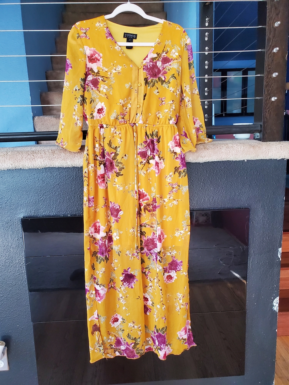 Enfocus Studio Mustard Floral Button-Front Maxi Dress